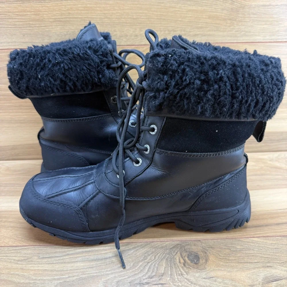 UGG Butte Mens Duck Snow Boot 9 Black Leather Waterproof Sherpa Shearling Vibram